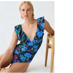 J. Crew • Peony Floral blue green red one piece flutter swim suit $129